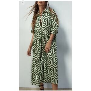 Zara Green White Geometric Midi Shirt Dress 100% Cotton Collared XXL